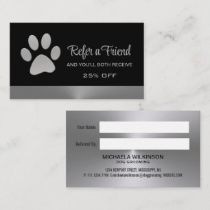 Silver Dog Paw on black Pet Grooming Service Referral Card