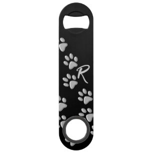 Silver Dog Paws black Background Print Pattern
