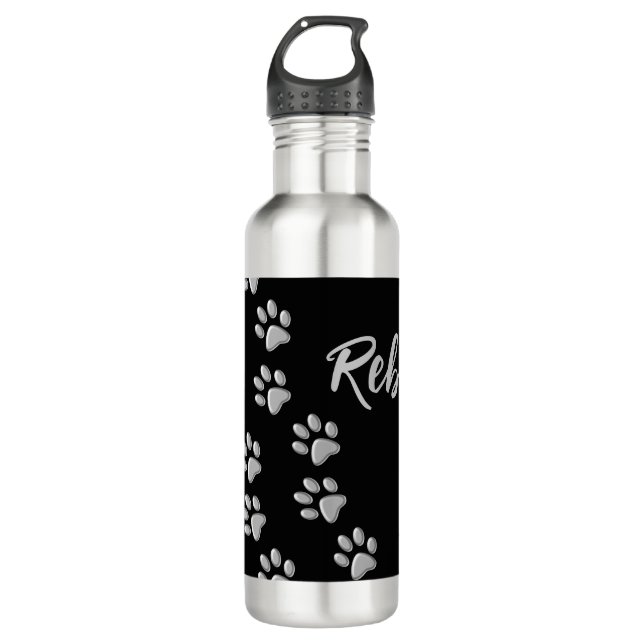 Silver Dog Paws black Background Print Pattern 710 Ml Water Bottle (Front)
