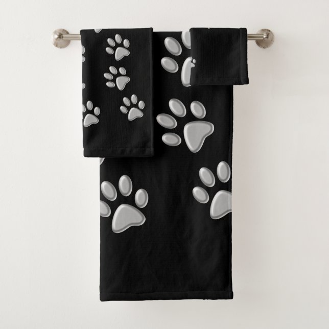 Silver Dog Paws black Background Print Pattern Bath Towel Set (Insitu)
