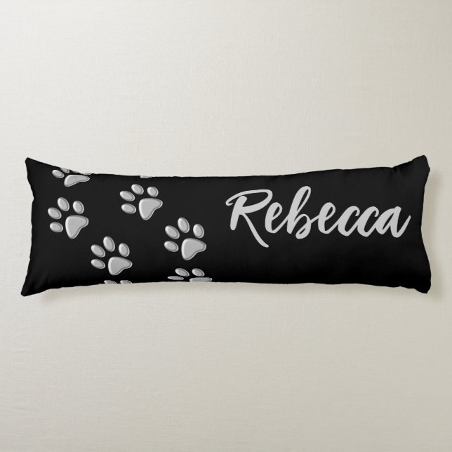 Silver Dog Paws black Background Print Pattern Body Cushion (Front)
