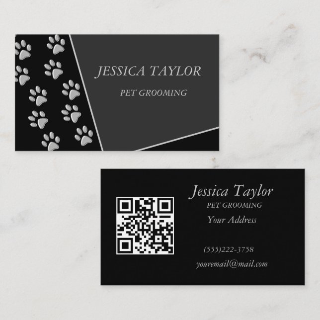 Silver Dog Paws black Background Print Pattern Bus Business Card (Front/Back)