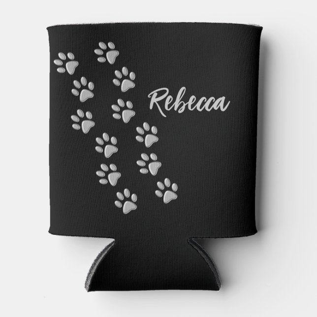 Silver Dog Paws black Background Print Pattern Can Cooler (Front)
