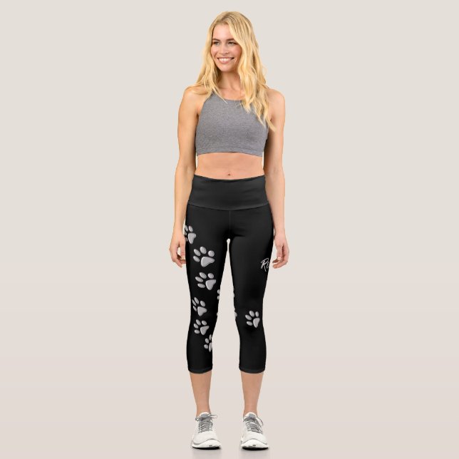 Silver Dog Paws black Background Print Pattern Capri Leggings (Front)