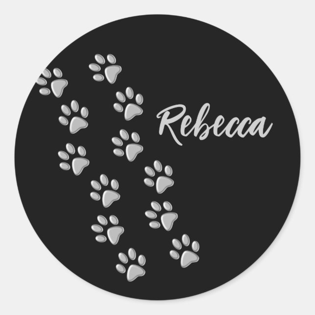 Silver Dog Paws black Background Print Pattern Classic Round Sticker (Front)