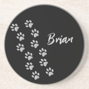 Silver Dog Paws black Background Print Pattern Coaster