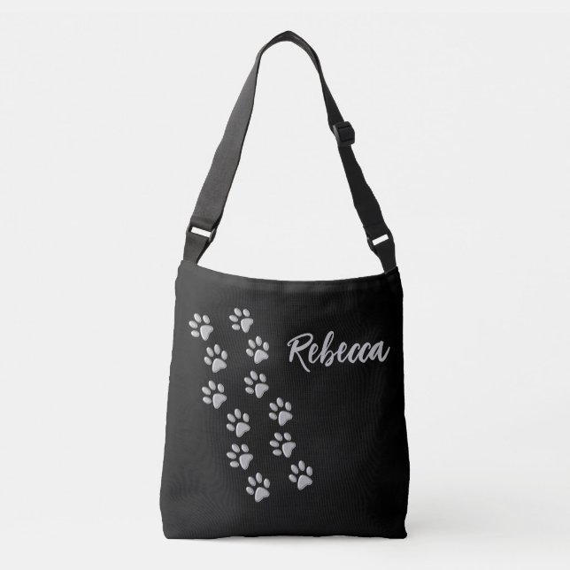 Silver Dog Paws black Background Print Pattern Crossbody Bag (Front)
