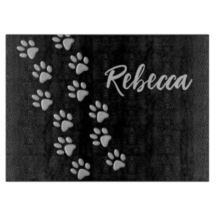 Silver Dog Paws black Background Print Pattern Cutting Board