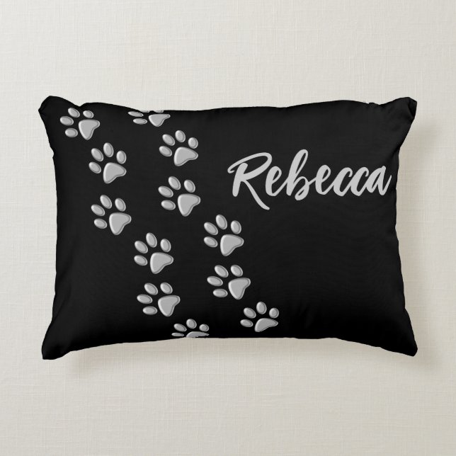 Silver Dog Paws black Background Print Pattern Decorative Cushion (Front)