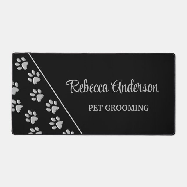 Silver Dog Paws black Background Print Pattern  Desk Mat (Front)