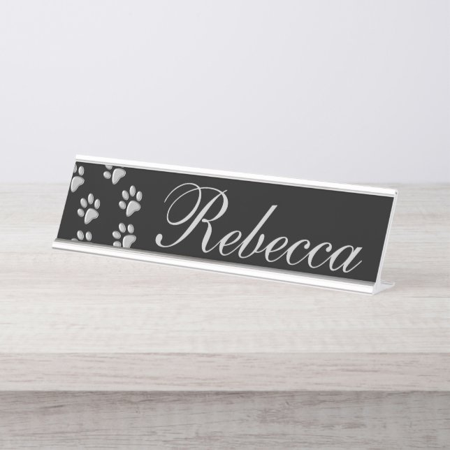 Silver Dog Paws black Background Print Pattern Desk Name Plate (Front)