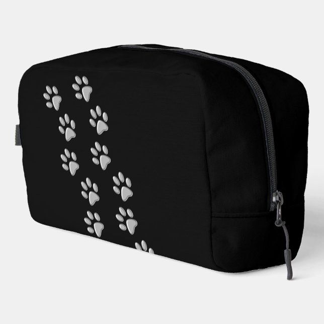 Silver Dog Paws black Background Print Pattern Dopp Kit (Right Corner)
