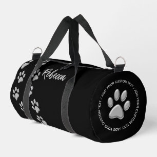 Silver Dog Paws black Background Print Pattern Duffle Bag