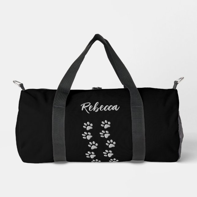 Silver Dog Paws black Background Print Pattern Duffle Bag (Front)