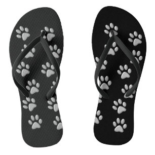 Silver Dog Paws black Background Print Pattern Flip Flops