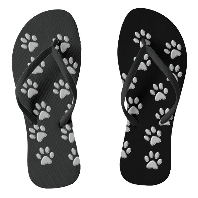 Silver Dog Paws black Background Print Pattern Flip Flops (Footbed)