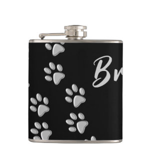 Silver Dog Paws black Background Print Pattern Hip Flask