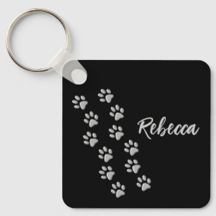 Silver Dog Paws black Background Print Pattern Key Key Ring