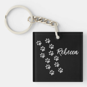 Silver Dog Paws black Background Print Pattern Key Ring