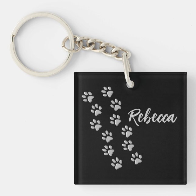 Silver Dog Paws black Background Print Pattern Key Ring (Front)