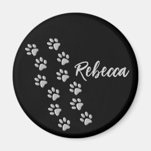 Silver Dog Paws black Background Print Pattern Magnet