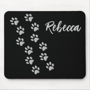 Silver Dog Paws black Background Print Pattern Mouse Mat