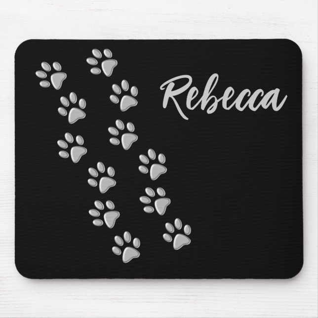 Silver Dog Paws black Background Print Pattern Mouse Mat (Front)