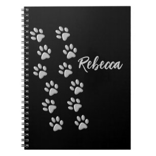 Silver Dog Paws black Background Print Pattern Notebook
