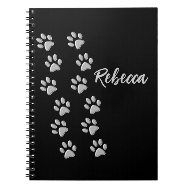 Silver Dog Paws black Background Print Pattern Notebook (Front)