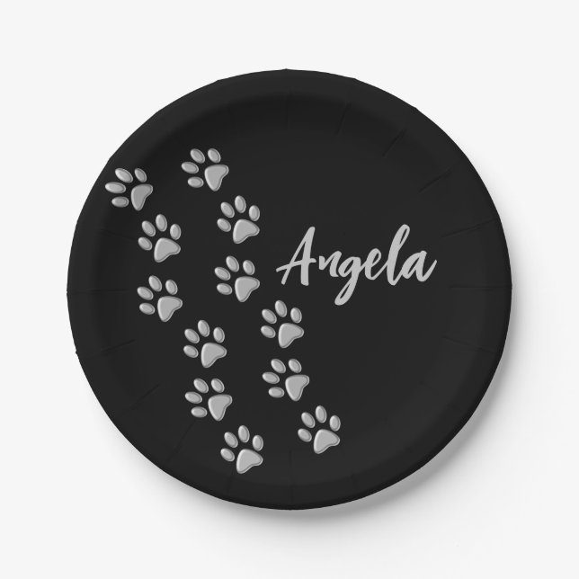 Silver Dog Paws black Background Print Pattern Paper Plate (Front)