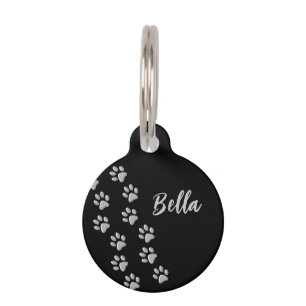 Silver Dog Paws black Background Print Pattern Pet Tag