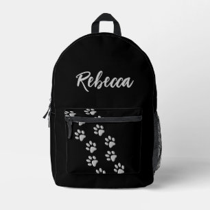Silver Dog Paws black Background Print Pattern Printed Backpack