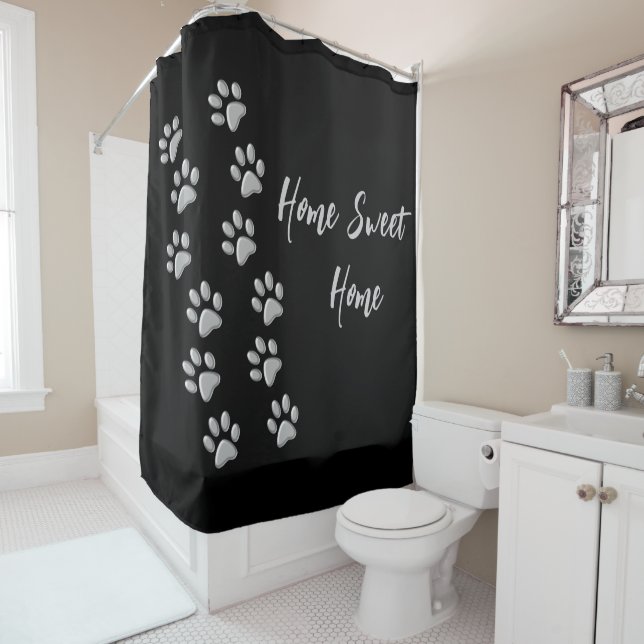 Silver Dog Paws black Background Print Pattern Shower Curtain (In Situ)