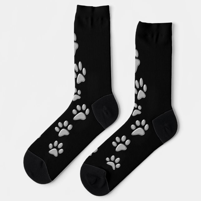 Silver Dog Paws black Background Print Pattern Socks (Left)
