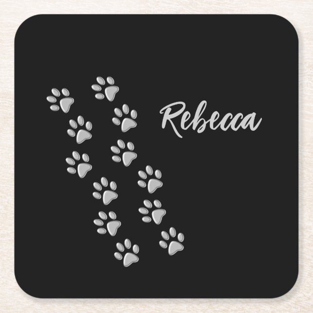 Silver Dog Paws black Background Print Pattern Square Paper Coaster (Front)