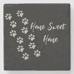 Silver Dog Paws black Background Print Pattern Sto Stone Coaster