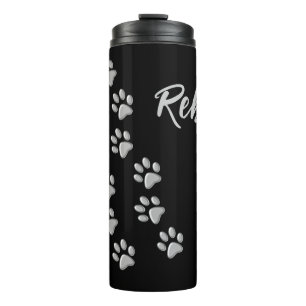 Silver Dog Paws black Background Print Pattern Thermal Tumbler