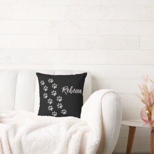 Silver Dog Paws black Background Print Pattern Thr Cushion