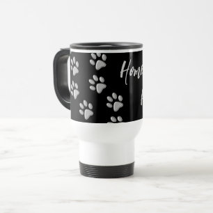 Silver Dog Paws black Background Print Pattern Travel Mug