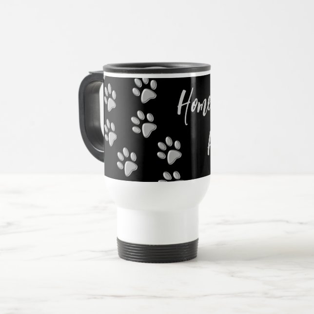 Silver Dog Paws black Background Print Pattern Travel Mug (Front Left)