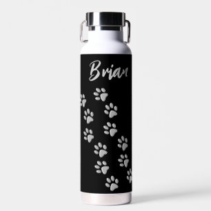Silver Dog Paws black Background Print Pattern Water Bottle