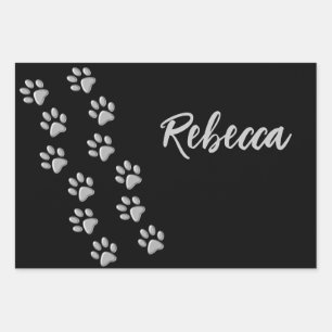 Silver Dog Paws black Background Print Pattern Wrapping Paper Sheet
