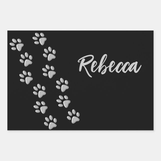 Silver Dog Paws black Background Print Pattern Wrapping Paper Sheet (Front)