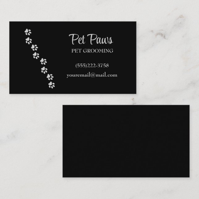 Silver Dog Paws on black Pet Grooming Service Business Card (Front/Back)
