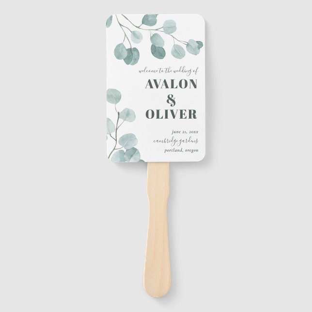 Silver Dollar Eucalyptus Thank You Wedding Hand Fan (Front)