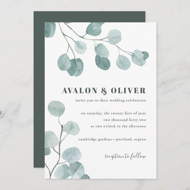 Silver Dollar Eucalyptus Wedding Invitation (Front/Back)