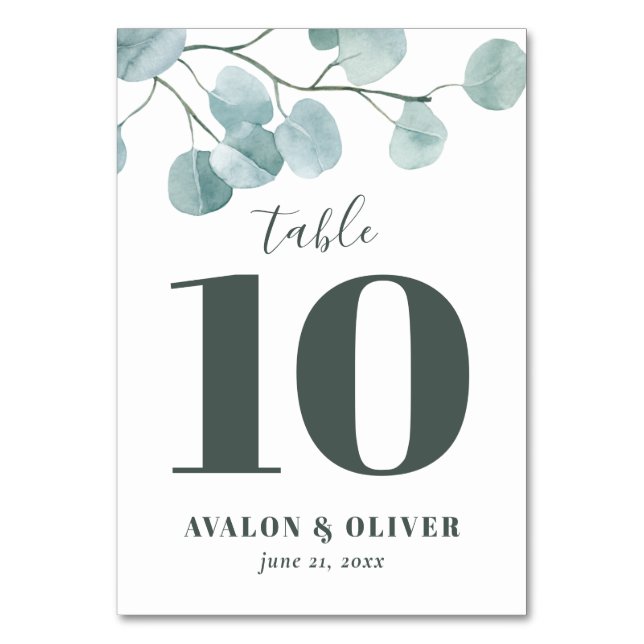 Silver Dollar Eucalyptus Wedding Table Number (Front)