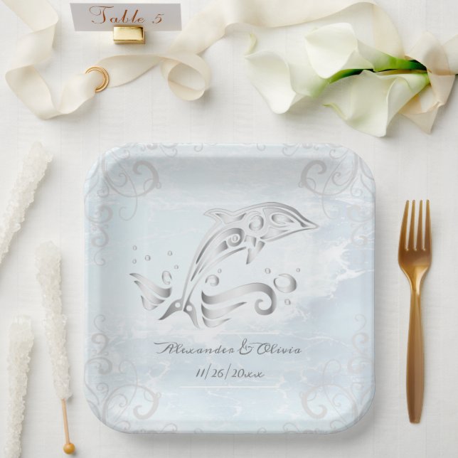 Silver Dolphin Wedding Shower Paper Plate (Wedding)