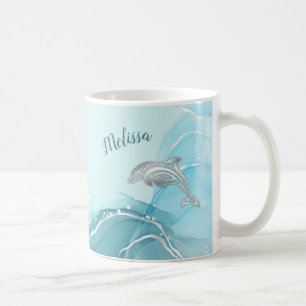 Silver Dolphins Wave Coastal Your Name Coffee Mug