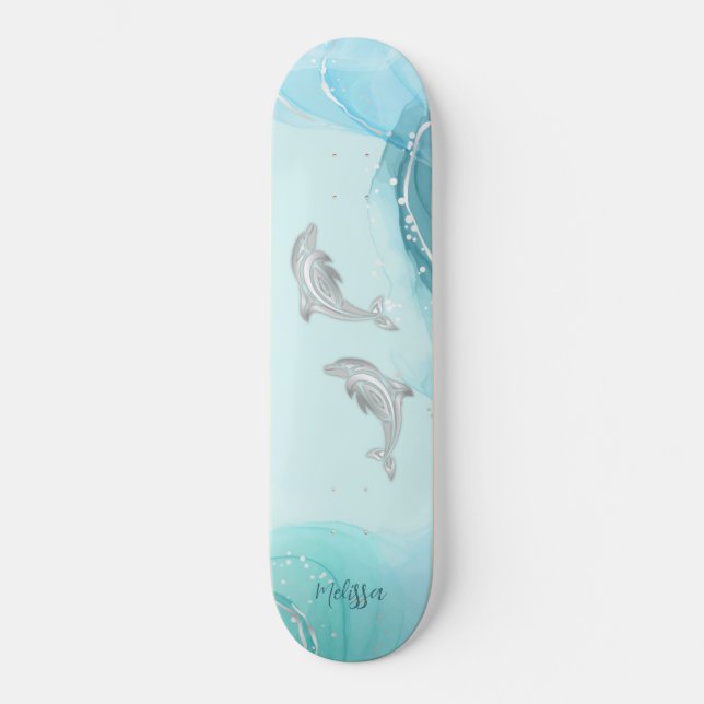 Silver Dolphins Wave Coastal Your Name Skateboard (Front)